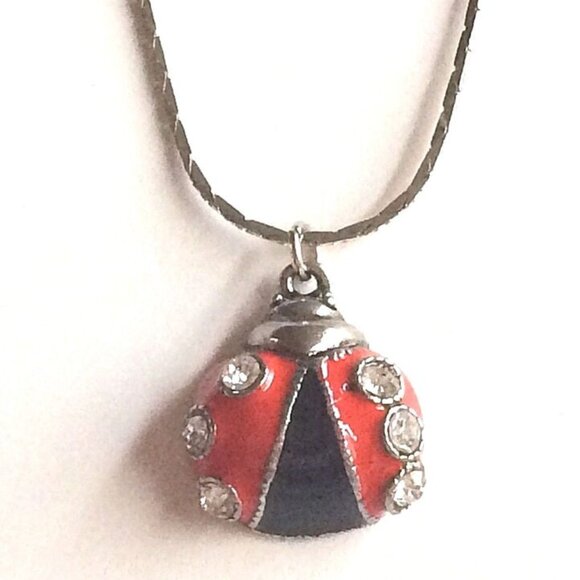 Ladybug Necklace Charm Pendant Red Enamel Crystal Silver Plated Insect 20" Chain - Picture 3 of 12